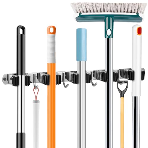 UNIFUN Broom Holder Wall Mount, Broom Organizer Wall Mount Stainless Steel Broom and Mop Hanger Heavy Duty Storage Organization for Home Kitchen Garden Garage Room 5 Racks 4 Hooks (1Pack)(Black Racks) - color: Black Racks