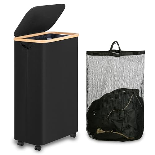 iEGrow 75L Slim Laundry Hamper with Wheels,Clothes Hamper for Laundry,Laundry Basket with Lid & Inner Bag,for Laundry Room, Bedroom, Dormitory Organization,Black - color: Black, size: 75L