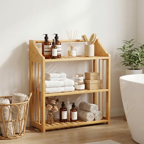 Goaste Bamboo Over The Toilet Storage Shelf, 3-Tier Wall Mounted Bamboo Rack Organizer, Floating Rack with Hanging Rod, Free Standing Shower Shelf with Adjustable Layer for Kitchen, Bathroom, Home