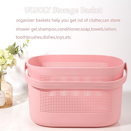 UUJOLY Plastic Storage Baskets with Handles, Shower Caddy Shelf Organizers Basket for Bathroom, Kitchen, Dorm Room, Pink - color: Pink, size: 1 Pack