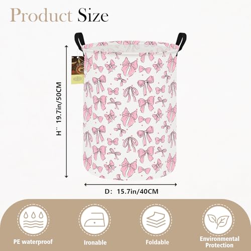 Collapsible Fabric Storage Basket, Waterproof Laundry Hamper with Handles, Round Storage Bin for Clothes Toys, Foldable Organizer for Bedroom Nursery Bathroom(Round-Pink Bow) - color: Round-Pink Bow
