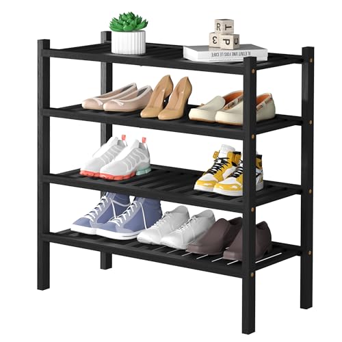 ROMGUAR CRAFT 4 Tier (Thick) Bamboo Shoe Rack for Closet Free Standing Wood Shoe Shelf for Entryway Small Space Stackable 27"x12"x28" (Blackl) - color: Black, size: 4 Tier(Thick)