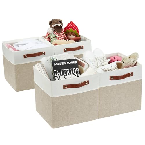 DECOMOMO Fabric Cube Storage Bins - Storage Baskets for Shelves, Cube Storage Organizer for Kallax and Cubbies (Beige & White, 11 inch Cube) - 4 Pack - color: Beige and White, size: Cube 11" /4pcs