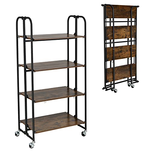 Giantex Foldable Storage Shelves with Wheels, No Assembly 4-Tier Rolling Cart, 2 of The Wheels Have Locks, Microwave Utility Cart Baker Rack, Portable Storage Rack w/Metal Frame, for Kitchen, RV - size: 52'' Tall