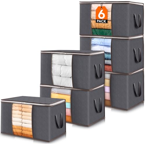 Lifewit 6 Pack Clothes Storage Bins with Lids, Foldable Blanket Storage Bags with Zippers, Clear Window and Reinforced Handles, Closet and Organization for Clothing, Sweater, Comforter, Bedding - size: 60L