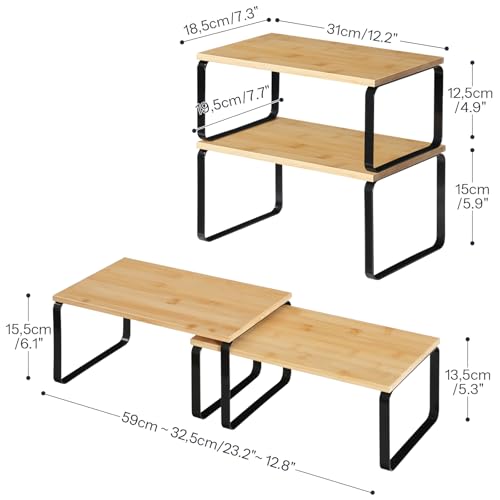 HOOBRO Cabinet Organizer Shelf, Set of 4 Kitchen Counter Shelves, Expandable Kitchen Storage, Stackable Bamboo Spice Rack, for Kitchen, Countertop, Office Desk, Bathroom, Natural and Black YB30TLP201 - color: Natural, Black
