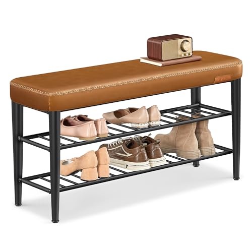 VASAGLE EKHO Collection - Shoe Rack Bench, Storage Bench for Entryway, Synthetic Leather with Stitching, Mid-Century Modern, Loads 300 lb, 11.8 x 39.4 x 19.7 Inches, Caramel Brown ULSB113K01 - color: Caramel Brown, size: 39.4"W