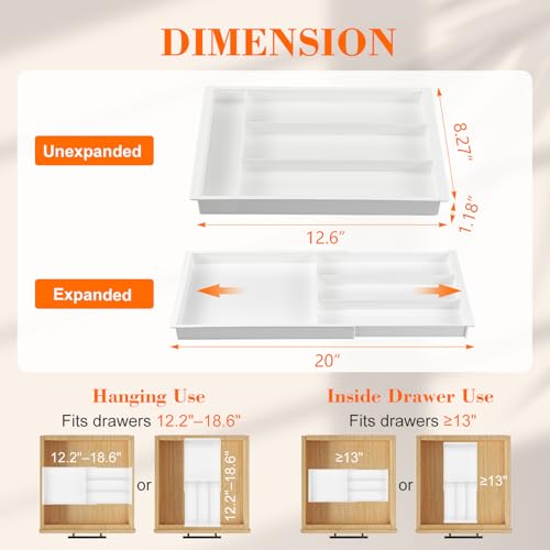 Briwooody Expandable Drawer Tray with Adjustable Dividers, 12.6-19.96 Inch Hanging Sliding Desk Organizer, 1.18'' Deep White Office Storage for Pens Paper Clips Sticky Notes Tape, Desk Accessories