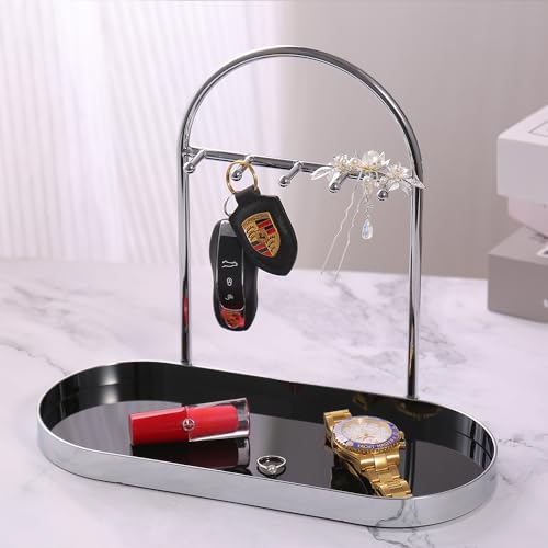 Shinpuru Metal Jewelry Organizer Stand & Key Holder Tray with Acrylic Base, Key Stand and Jewelry Tray with 5 Hooks, Perfect Key Bowl, Valet Key Tray, Ring Holder, Jewelry Dish (Silver Black) - color: Silver Black