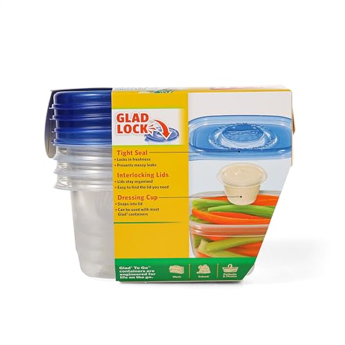 Glad GladWare To Go Snack Food Storage Containers with Lids, Medium Rectangle BPA Free Plastic with Built-In Dressing Cup for Salads and Snacks, Microwave Dishwasher Safe, 24 Oz, 4 Count - size: 24 oz - 4 Count, style: Rectangle
