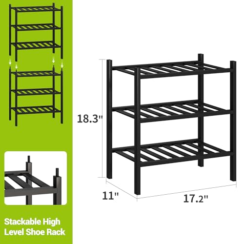 BMOSU 3-Tier Bamboo Small Shoe Rack Premium Stackable Shoe Shelf Storage Organizer for Hallway Closet Living Room Entryway Organizer (Black Bamboo) - color: Black Bamboo, size: Small-3-Tier（17*11*18.3inches）