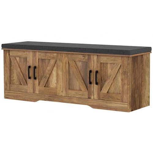 HOMSHO 2-Tier Storage Bench, 47.2" Wide Shoe Bench with Padded Seat Cushion, Entryway Bench with 4 Barn Doors and Adjustable Shelf, Rustic Walnut - color: Rustic Walnut, size: 47.2" Wide
