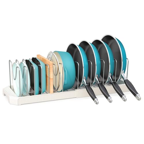 Pots and Pans Organizer for under Cabinet, Pan Pot Organizers inside Cabinet, Expandable Organizer with 12 Adjustable Dividers for Cookie Sheets, Cutting Boards, Pot Lids, Cookware - Frying Pan Rack - color: White, size: 12 Adjustable Dividers