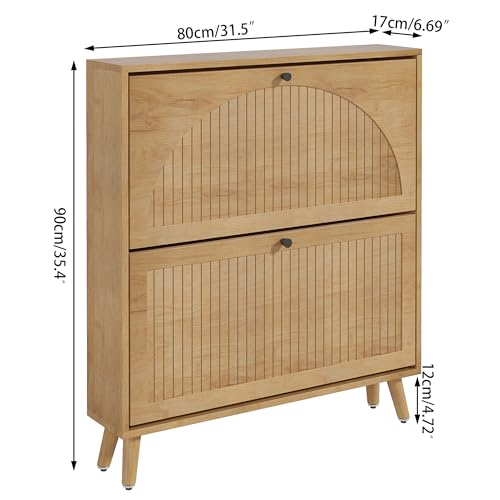 Fsbecl Shoe Storage Cabinet for Entryway with 2 Flip Drawers, Narrow Wood Shoe Cabinet with Fluted Panel, Freestanding Hidden Shoe Organizer for Foyer, Hallway (Wood Color - No Shelf) - color: Wood Color - No Shelf