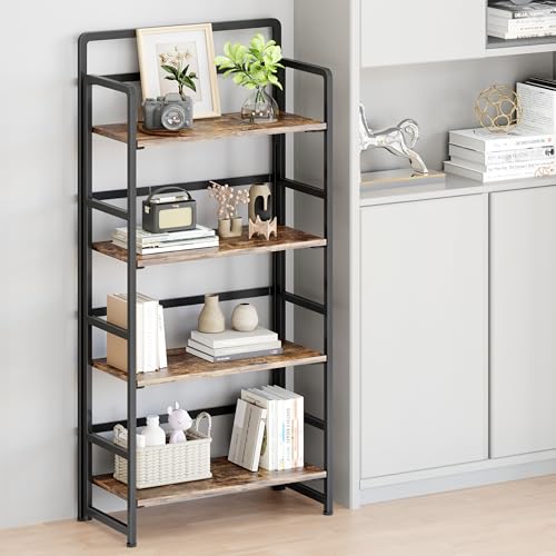 No Assembly Folding Bookshelf, 4 Tiers Collapsible Book Shelf for Home Office, Vintage Wood Foldable Bookcase Storage Organizer for Living Room Bedroom (Rustic Brown) - color: Rustic Brown, size: 4-tier