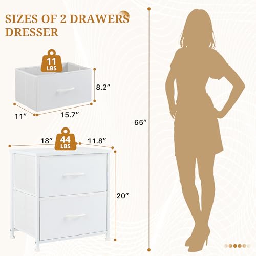 Nightstand, 2 Drawer Dresser Bedside Storage Furniture, Small Dresser with 2 Drawers, End Table with Fabric for Bedroom, Closet, Entryway, College Dorm, White
