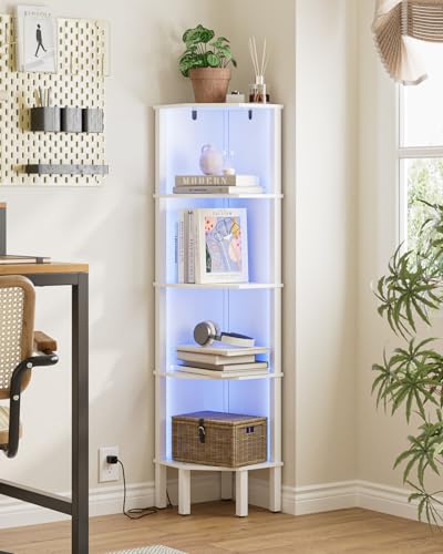Corner Shelf Stand, 5 Tier Corner Bookshelf with Led Light,Corner Furniture for Bedroom Display Corner Shelf for Small Space,Wood Shelves with Storage Rack for Living Room,Office,White - color: White&led Light