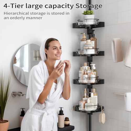 360° Rotating Shower Caddy Tension Pole, 4 Tiers Corner Shower Organizer for Bathroom Shelf Bathtub, Adjustable Standing Shower Rack Bathroom Accessories, Easily Assemble, 34-124 Inch Height, Black - color: Black, size: 4tiers