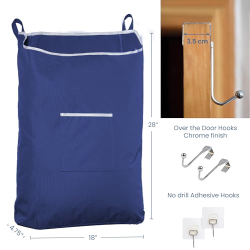 Fine Living Large Hanging Laundry Hamper with Over Door Hooks & Adhesive, Durable Space Saving Laundry Bag with Zipper and Wide Open Top, Hanging Dorm Laundry Hamper 18"x4.75"x28" (Navy Blue-L) - color: Navy Blue-L, size: Large