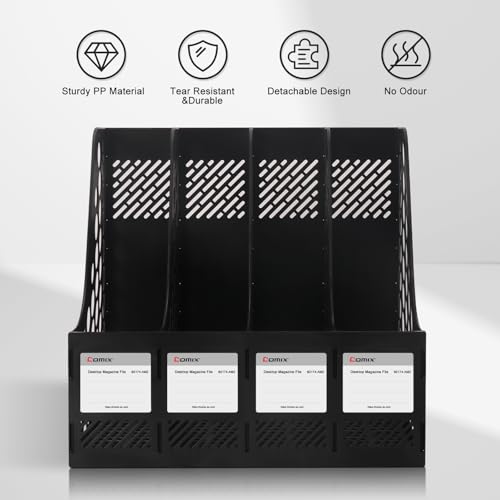 Comix Magazine File Holder Rack/Vertical Desktop File Organizer - Plastic Desk Organizer for Files, Folders, Books - 4 Compartment Binder Organizer - Black