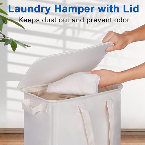 Vincona Slim Laundry Hamper with Lid and Wheels, Small Rolling Laundry Basket with Handle for Small Spaces, Tall Dirty Clothes Hampers for Dorm, Bathroom and Bedroom, 55L, Beige - color: Beige, size: 55L