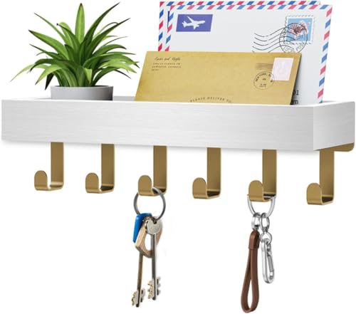 Key Holder Wall Mount Adhesive Magnetic - Hanging Key Hooks with Mail Organizer Tray for Wallet House - Keys Hanger Rack with Shelf for Camper Entryway Door Home Living Room Decor Gold White - color: Gold White, size: Medium