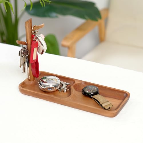 Wooden Jewelry Stand, 2-in-1 Entryway Key Tray & Desk Organizer, Multi-Compartment Vanity Jewelry Holder, Solid Wood Entryway Organizer for Necklaces, Rings, Earrings, Minimalist Home Decor