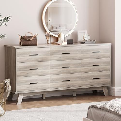 Xixini Dresser for Bedroom, 9 Drawer Wide Modern Chest of Drawers with X-Shaped Sturdy Base, Wood Double Dresser Closet Clothes Storage Organizer, Wooden TV Stand for Living Room, Hallway, Grey - color: Grey, size: 15.6"D x 59.1"W x 29.5"H (9 Drawers)