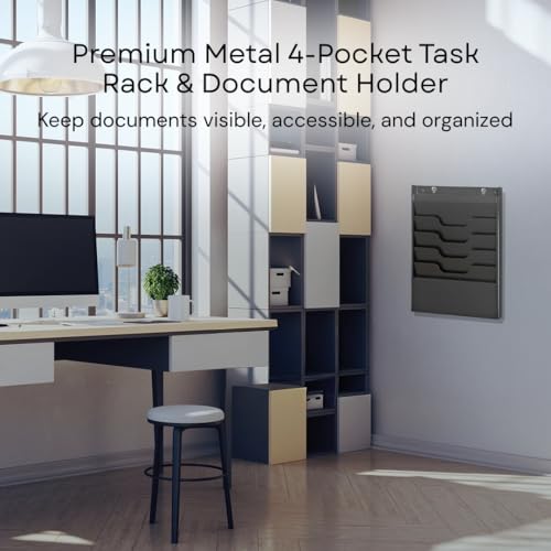 4 Tier Wall Mounted File Organizer, Metal Task Rack for Office Documents, Mail & Folders, Space-Saving Office Wall Organizer, Black 19.5”H - color: Black