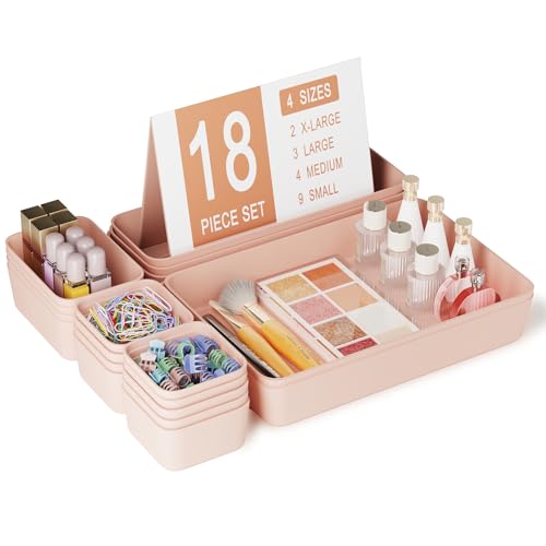 Plastic Drawer Organizers, 18 PCS Bathroom Drawer Organizer Bins, Desk and Vanity Organizer Plastic Tray, Makeup organizer and storage for Bedroom, Kitchen Gadgets Utensils and Office (Pink) - color: Pink, size: 18pcs