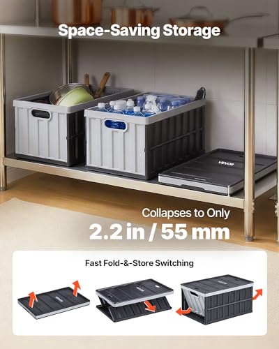 VEVOR Plastic Collapsible Storage Bins with Lids, 65L 2 Packs, Stackable Folding Storage Crates with Handles, Holds 84 lbs Per Bin, Heavy Duty Containers, Space-Saving Baskets, for Home Organizing - size: 65L-Grey-2PC