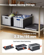 VEVOR Plastic Collapsible Storage Bins with Lids, 65L 2 Packs, Stackable Folding Storage Crates with Handles, Holds 84 lbs Per Bin, Heavy Duty Containers, Space-Saving Baskets, for Home Organizing - size: 65L-Grey-2PC