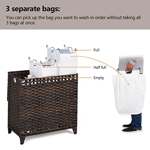 Laundry Hamper with 3 Removable Liner Bags; 132L Handwoven Rattan Laundry Basket with Lid & Heightened Feet; Clothes Hamper with Side Handles; Laundry Sorter with 3 Separate Sections - color: Brown, size: 132L-3 Section
