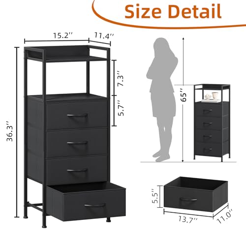 Somdot Nightstand with 4 Drawers, Vertical Storage Tower Fabric Dresser for Bedroom, Night Stand Bedside Table Furniture, Sturdy Steel Frame, Wooden Top & Easy Pull Fabric Bins, Black - color: Black, size: 11.4"D x 15.2"W x 36.3"H (4 Drawers)