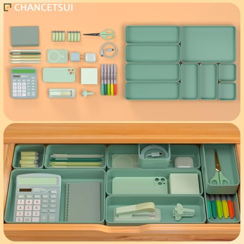 CHANCETSUI 9 Pcs Stackable Drawer Organizer Trays Set, Green, Multifunctional Storage for Vanity, Bathroom, Kitchen, Desk Drawer Organizer Office, PET Plastic - color: 9-4Green
