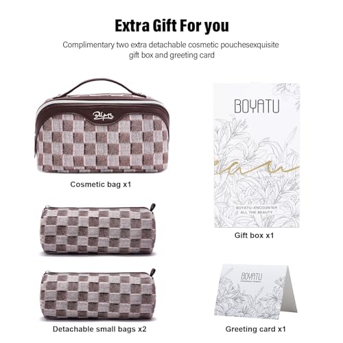 BOYATU Travel Makeup Bag for Women: Large Cosmetic Bag Set of 3 - PU Leather Make up Bag with Compartments - Compact Waterproof Toiletry Bag with Divider & Handle (D-3-Brown) - color: D-3-Brown