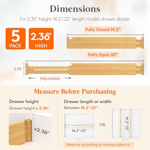 Lifewit 2.36" High 5 Pack Bamboo Drawer Dividers, 14.2-22" Expandable Kitchen Drawer Dividers, Adjustable Drawer Dividers for Clothes, Drawer Separators for Dresser, Kitchen, Bedroom, Bathroom