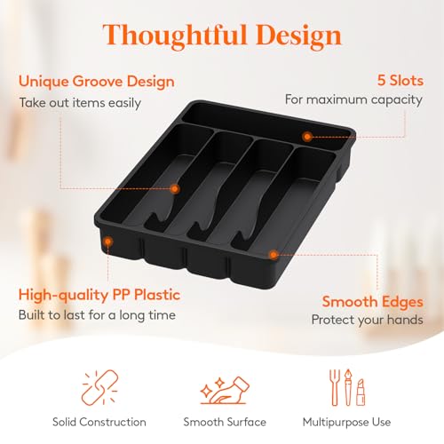 Lifewit Silverware Drawer Organizer Tray, Plastic Cutlery Storage for Kitchen, Flatware and Utensil Holder Divider for Spoons Forks Knives Tableware, 9.1 x 12.6", 5 Slots, Black - color: Black, size: 9.1 x 12.6 inch (5 Slots)