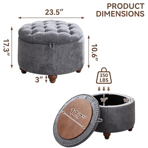 WUTUTUEE 24Inch Round Storage Ottoman with Tray, Modern Tufted Circle Coffee Table with Storage, Upholstered Ottoman with Removable Top for Living Room, Bedroom, Chenille Blue - color: Chenille Blue, size: 24 Inch