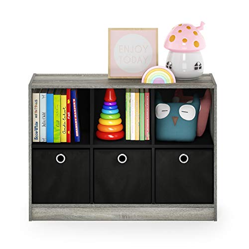 Furinno Basic 3x2 Cube Storage Bookcase Organizer with Bins, French Oak Grey/Black - color: French Oak Grey/Black, size: 6-Cube with Bin