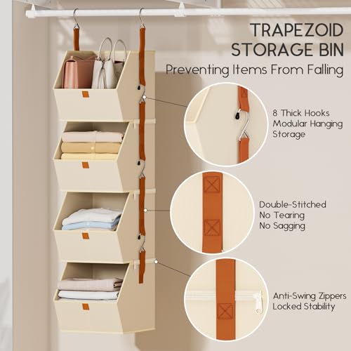 Homsorout Hanging Closet Organizer 4 Tier - Clothes Hanging Shelves, Space-Saving Closet System, Fabric Storage Bins Bedroom Organization, Collapsible Baskets for Home, Dorm, Rv, Beige - color: Beige, size: 4 shelves