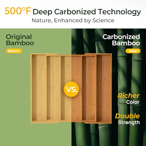 Carbonized Bamboo Kitchen Drawer Organizer, 5 Slots Expandable Silverware Organizer, Utensil Holder & Cutlery Tray, 2.2" Deep for Extra Capacity, Non-Slip Feet Included. - size: 5 Slots（Expandable）
