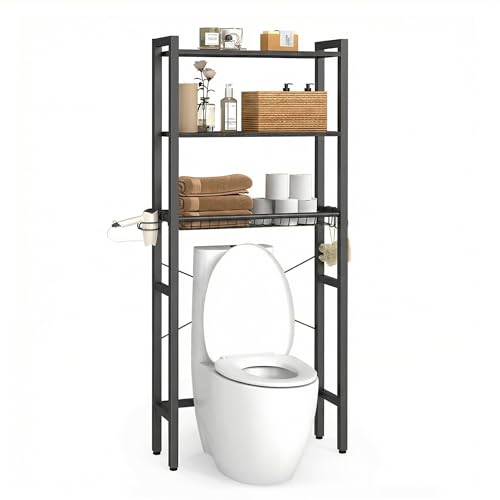 VASAGLE Over the Toilet Storage, Over Toilet Bathroom Organizer with Adjustable Shelves and Basket, 3 Hooks, Space Saving, 9.4 x 23.6 x 63 Inches, Ebony Black UBTS113BE01S - color: Ebony Black, style: 3 Tiers (63" H)