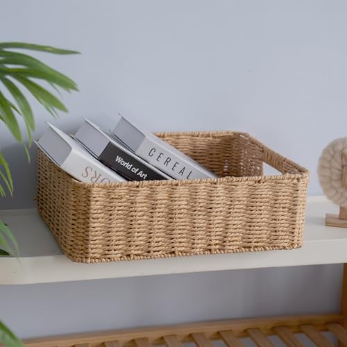 Drawer basket Handwoven Paper Rope Rectangular Shallow Basket Storage-15.35X12.01X4.72 Inches (Light brown) - color: Light brown