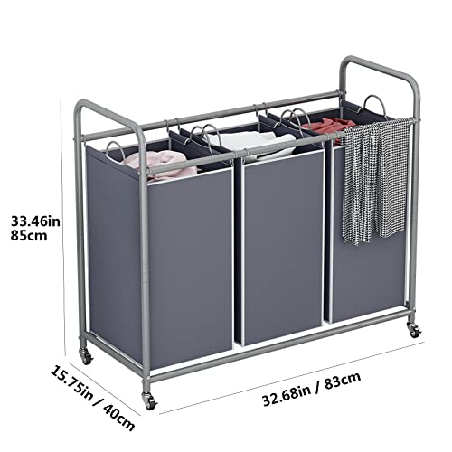 LINZINAR 3-Bag Laundry Sorter,Laundry Hamper Cart with Heavy Duty Rolling Lockable Wheels and Removable Bags (Grey) - size: 3 Bags Grey