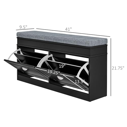 HOMCOM Modern Shoe Rack Bench for Entryway, Storage Organizer with Cushion, 2 Drawers, Adjustable Shelf, Holds 8 Pairs, Black - color: Black