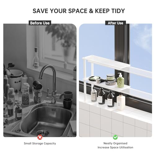 Expandable Window Shelf for Plants Kitchen Sink Organizer Stackable Narrow Shelves Kitchen Countertop Holder Mesh Design (1, White)