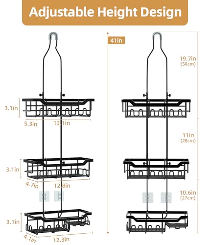 Adjustable Shower Caddy Hanging, Extended Length Organizer Over Shower Head, 3 Tier Long Neck Shower Rack with Soap Holder for Large Storage, Black - color: Black - 3 Tier - Standard