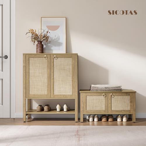 SICOTAS Rattan Shoe Rack Bench with Lift Top Storage: Farmhouse Boho Wide Shoe Cabinet Entryway Bench with Safety Hinges, Wooden Storage Chest for Bedroom, Entryway, Hallway, Living Room - color: Carbon Cherry