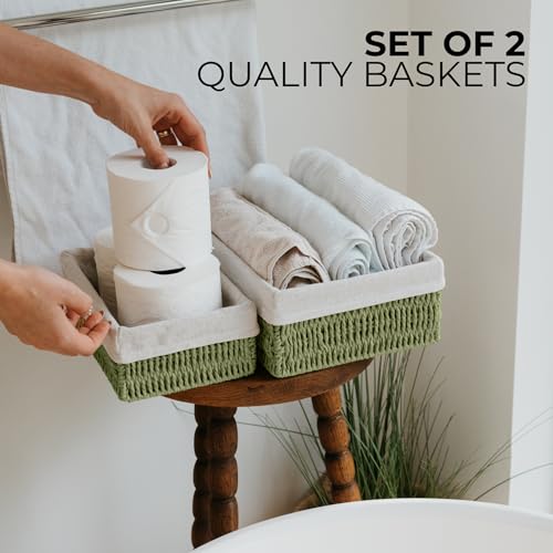 Beautiful Toilet Paper Storage Basket Set of 2 – Decorative Wicker Bathroom Organizer for Toilet Tank Trays - Quality Holder Bin for Shelves Fits Perfectly with Any Bathroom Decor - color: Sage